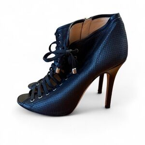 Ballin Black Leather Lace-Up Heels Booties Stiletto Peep Toe size 38.5